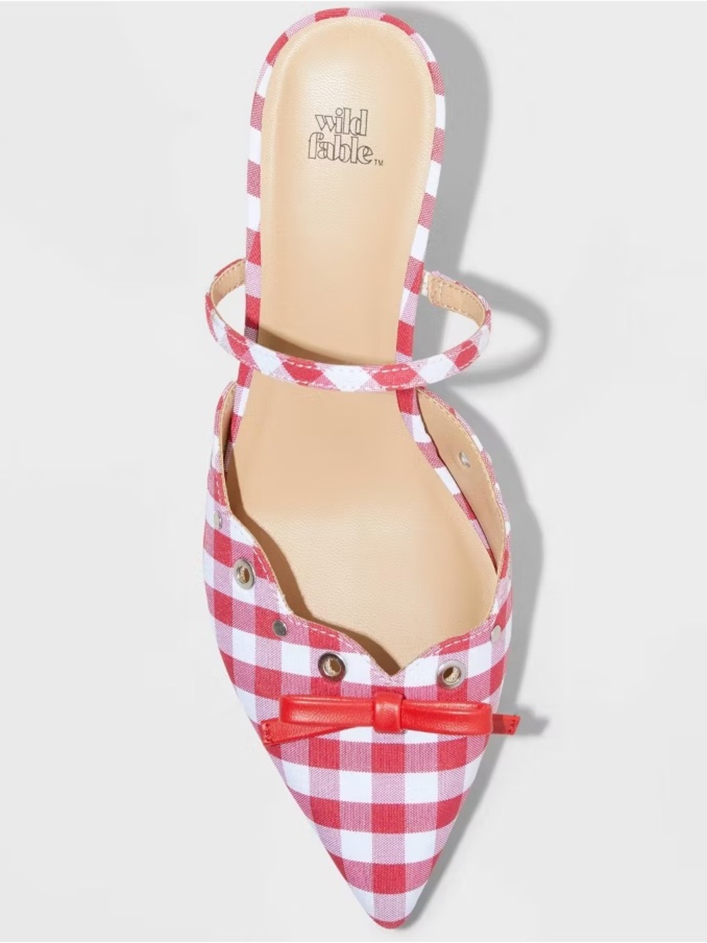 Wild Fable- Red & White Gingham Kitten Heel Mules Pointed Toe, Bow Detailing
